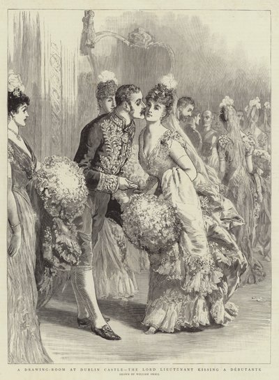 A Drawing-Room at Dublin Castle, the Lord Lieutenant kissing a Debutante by William Small